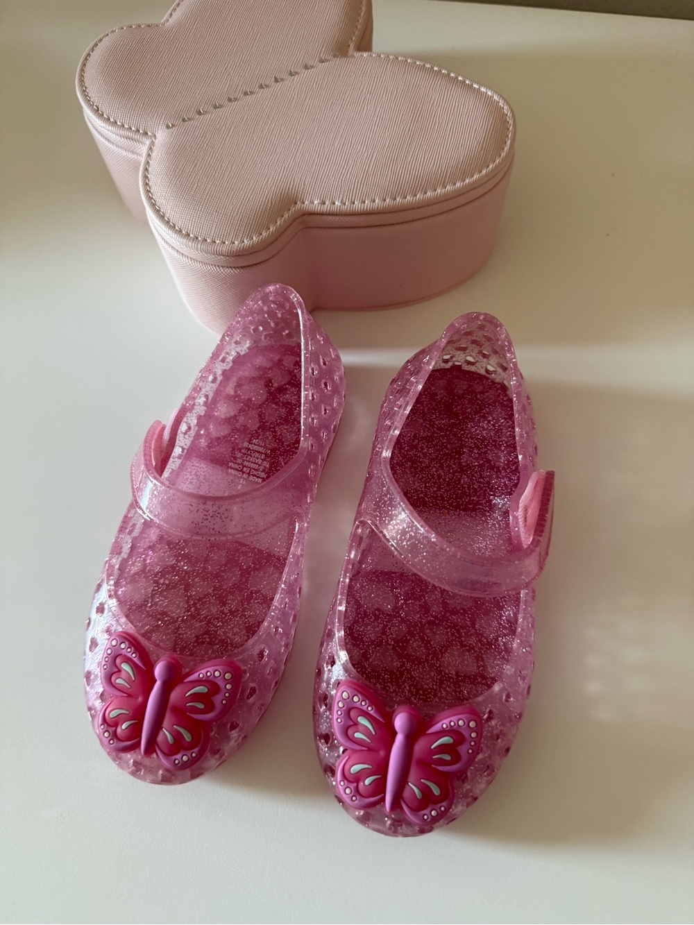 Girls Pink Glitter Jelly Shoes with Butterfly Accent